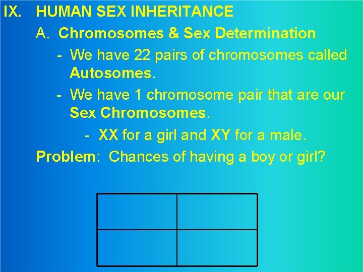 IX. HUMAN SEX INHERITANCE A. Chromosomes & Sex Determination - We have 22 pairs