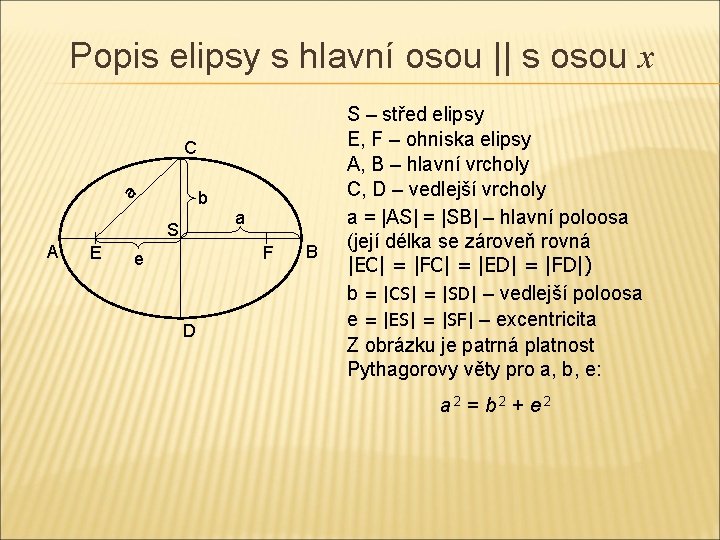 Popis elipsy s hlavní osou || s osou x C a b a S