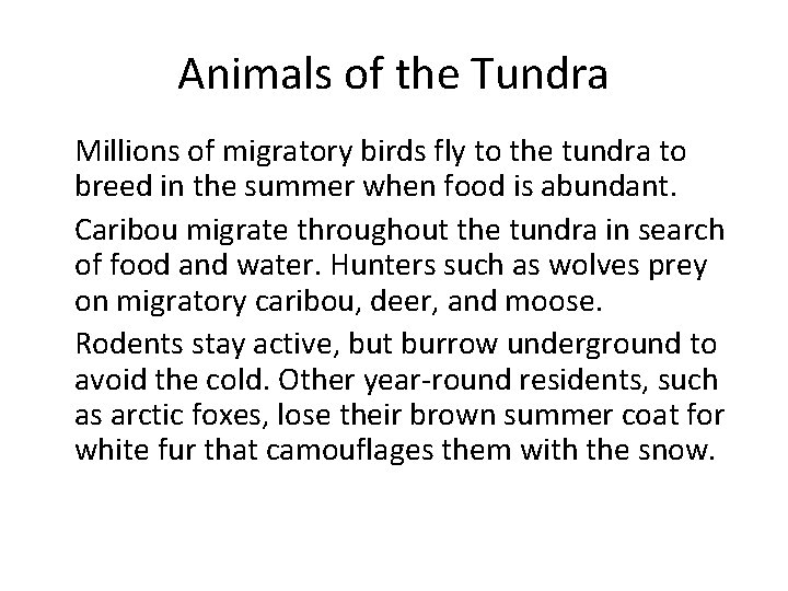 Animals of the Tundra • Millions of migratory birds fly to the tundra to