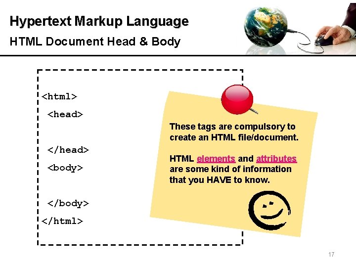 Hypertext Markup Language HTML Document Head & Body <html> <head> These tags are compulsory