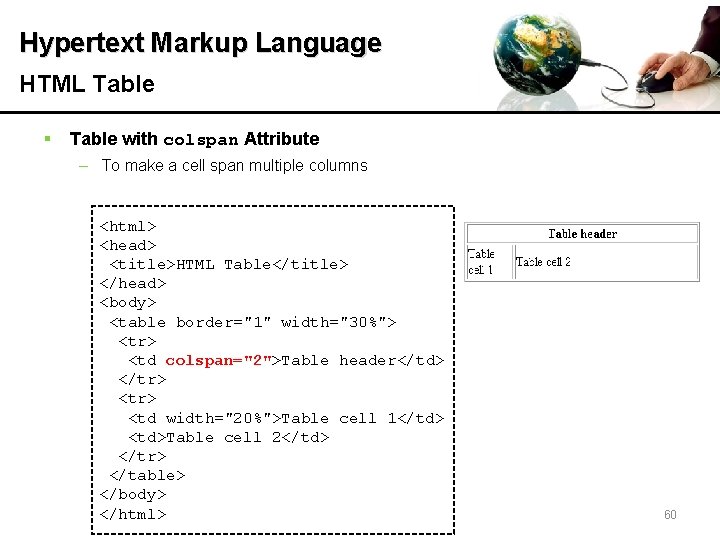 Hypertext Markup Language HTML Table § Table with colspan Attribute – To make a