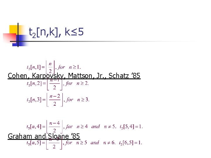 t 2[n, k], k≤ 5 Cohen, Karpovsky, Mattson, Jr. , Schatz ’ 85 Graham