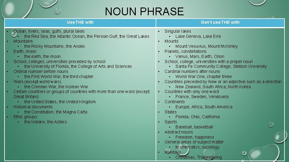 NOUN PHRASE Use THE with • • • Ocean, rivers, seas, gulfs, plural lakes