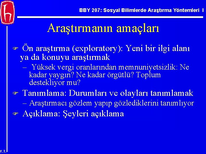 BBY 207: Sosyal Bilimlerde Araştırma Yöntemleri I Araştırmanın amaçları F Ön araştırma (exploratory): Yeni