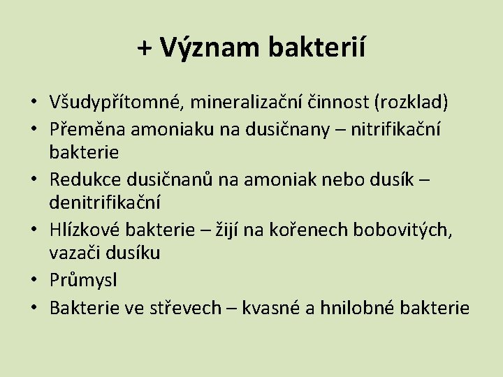 + Význam bakterií • Všudypřítomné, mineralizační činnost (rozklad) • Přeměna amoniaku na dusičnany –