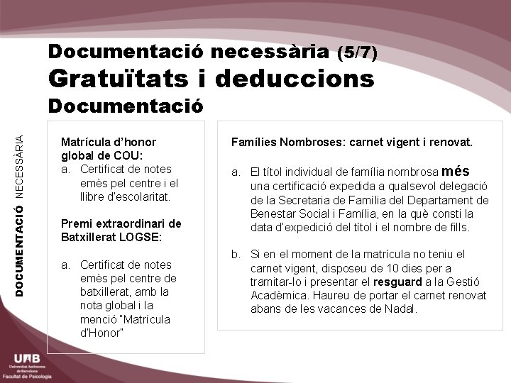 Documentació necessària (5/7) Gratuïtats i deduccions DOCUMENTACIÓ NECESSÀRIA Documentació Matrícula d’honor global de COU: