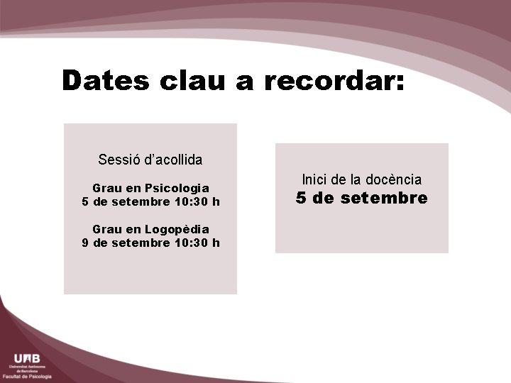 Dates clau a recordar: Sessió d’acollida Grau en Psicologia 5 de setembre 10: 30