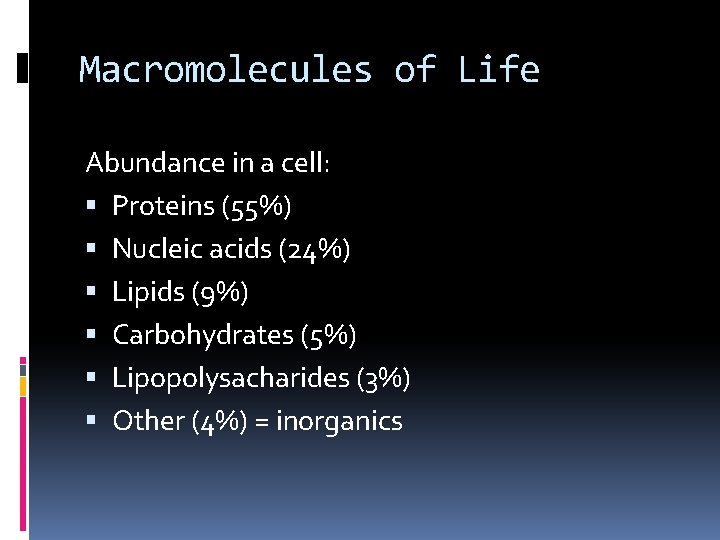 Macromolecules of Life Abundance in a cell: Proteins (55%) Nucleic acids (24%) Lipids (9%)