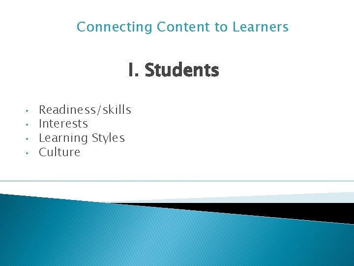 Connecting Content to Learners I. Students • • Readiness/skills Interests Learning Styles Culture 