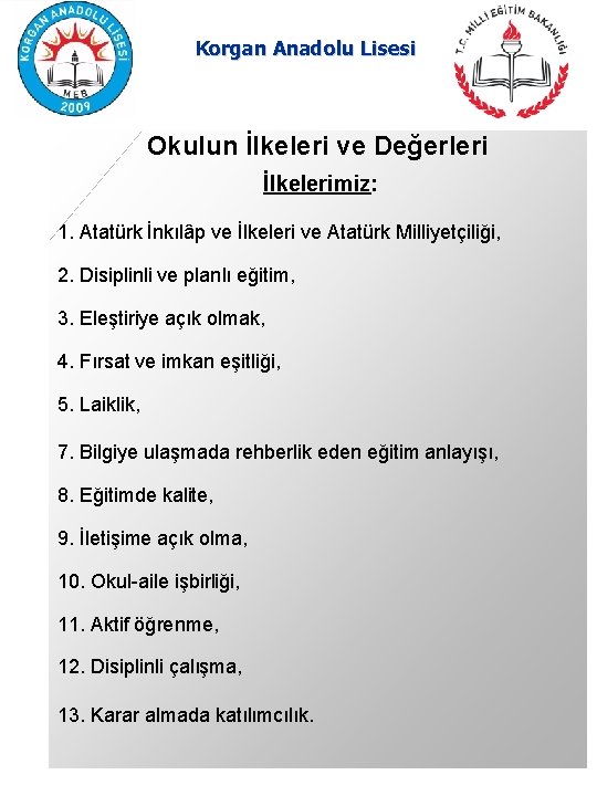 Korgan Anadolu Lisesi Okulun İlkeleri ve Değerleri İlkelerimiz: 1. Atatürk İnkılâp ve İlkeleri ve
