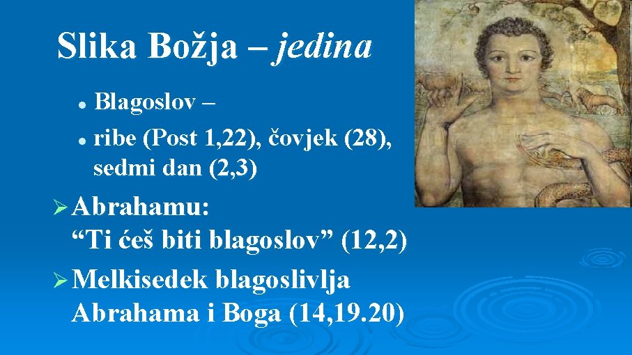 Slika Božja – jedina Blagoslov – l ribe (Post 1, 22), čovjek (28), sedmi