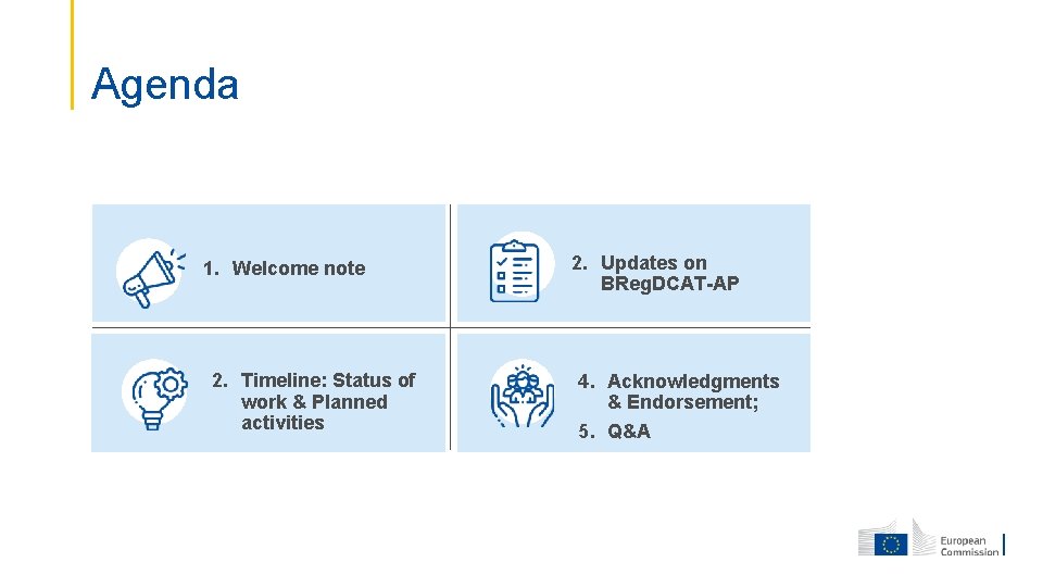 Agenda 1. Welcome note 2. Timeline: Status of work & Planned activities 2. Updates