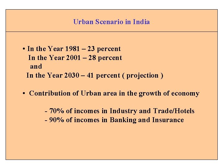 Urban Scenario in India • In the Year 1981 – 23 percent In the