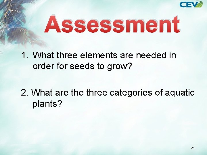 Assessment 1. What three elements are needed in order for seeds to grow? 2.