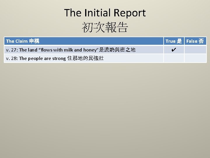 The Initial Report 初次報告 The Claim 申稱 v. 27: The land “flows with milk