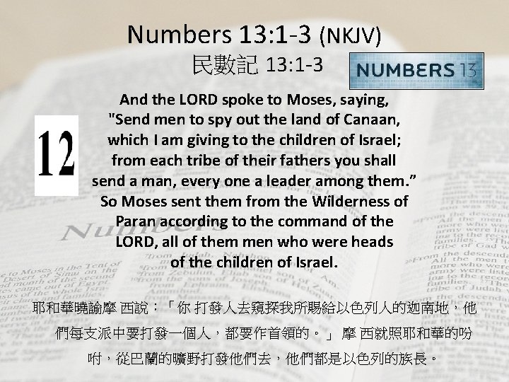 Numbers 13: 1 -3 (NKJV) 民數記 13: 1 -3 And the LORD spoke to