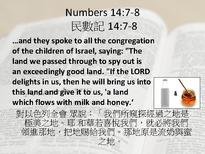 Numbers 14: 7 -8 民數記 14: 7 -8 …and they spoke to all the