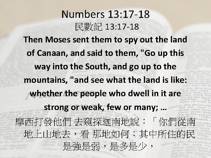 Numbers 13: 17 -18 民數記 13: 17 -18 Then Moses sent them to spy
