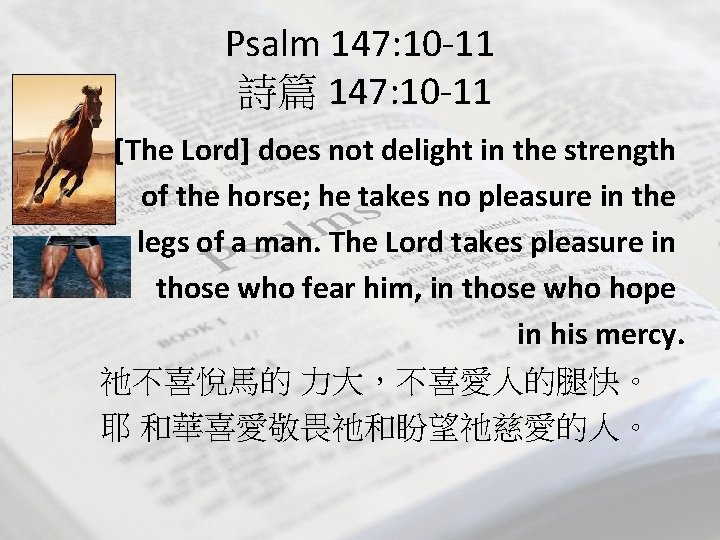 Psalm 147: 10 -11 詩篇 147: 10 -11 [The Lord] does not delight in