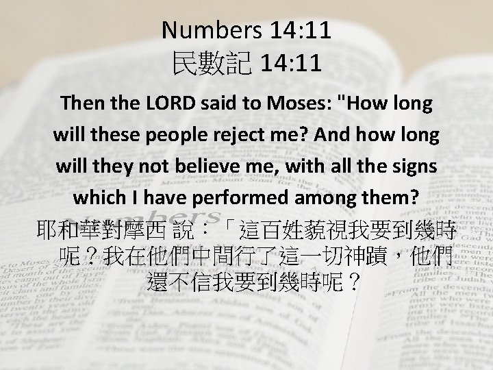 Numbers 14: 11 民數記 14: 11 Then the LORD said to Moses: "How long