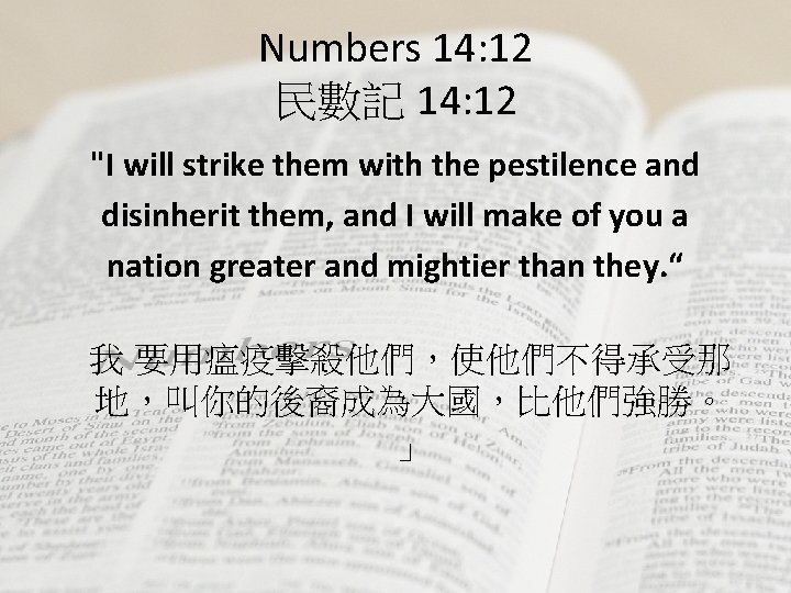 Numbers 14: 12 民數記 14: 12 "I will strike them with the pestilence and