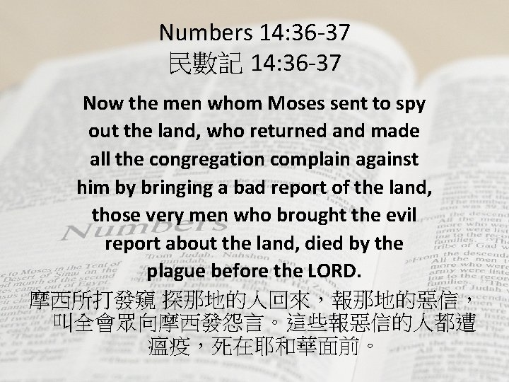 Numbers 14: 36 -37 民數記 14: 36 -37 Now the men whom Moses sent