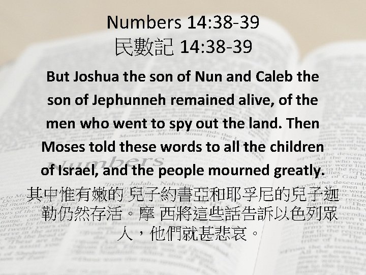 Numbers 14: 38 -39 民數記 14: 38 -39 But Joshua the son of Nun