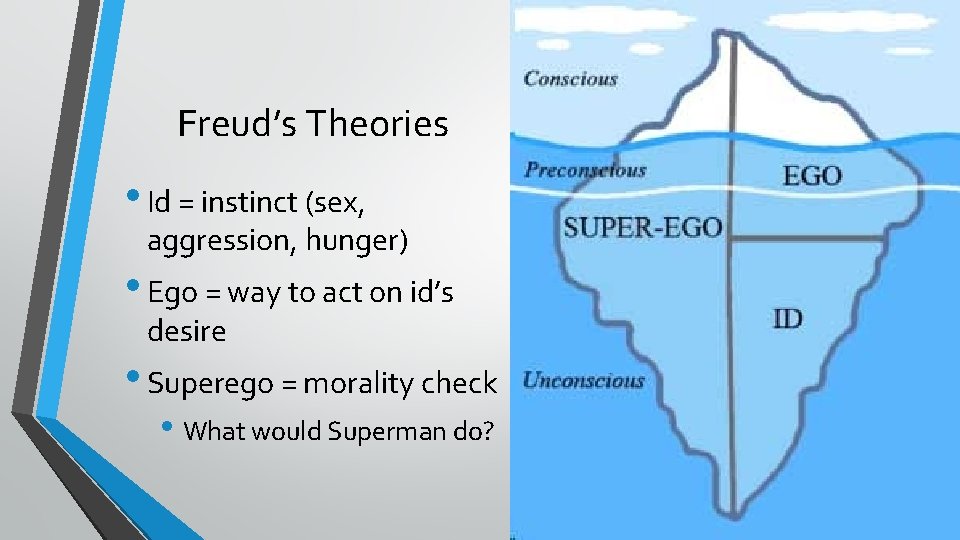 Freud’s Theories • Id = instinct (sex, aggression, hunger) • Ego = way to