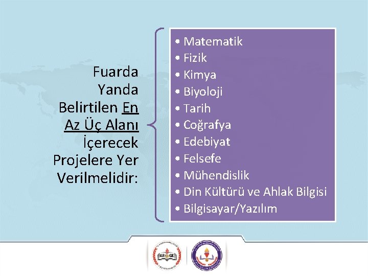 Fuarda Yanda Belirtilen En Az Üç Alanı İçerecek Projelere Yer Verilmelidir: • Matematik •