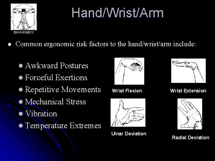 Hand/Wrist/Arm ERGONOMICS l Common ergonomic risk factors to the hand/wrist/arm include: l Awkward Postures