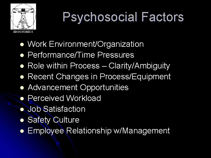 Psychosocial Factors ERGONOMICS l l l l l Work Environment/Organization Performance/Time Pressures Role within