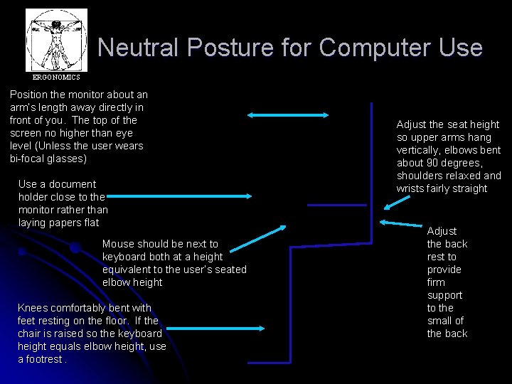 Neutral Posture for Computer Use ERGONOMICS Position the monitor about an arm’s length away