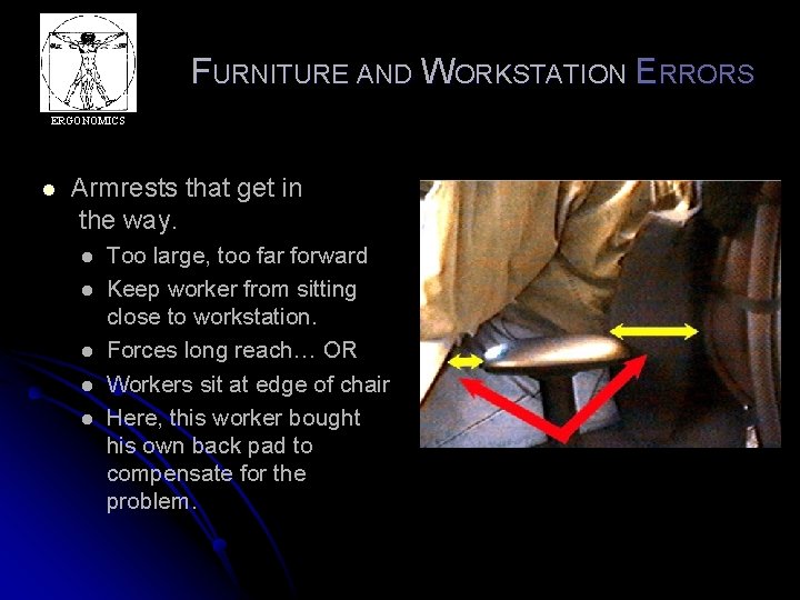 FURNITURE AND WORKSTATION ERRORS ERGONOMICS l Armrests that get in the way. l l