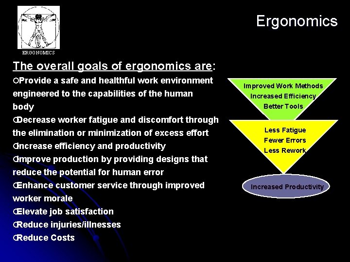 Ergonomics ERGONOMICS The overall goals of ergonomics are: ¢Provide a safe and healthful work