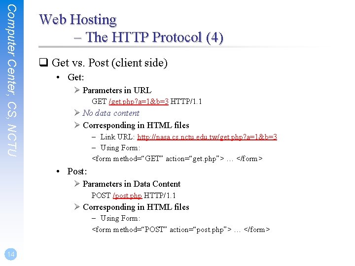 Computer Center, CS, NCTU Web Hosting – The HTTP Protocol (4) q Get vs.