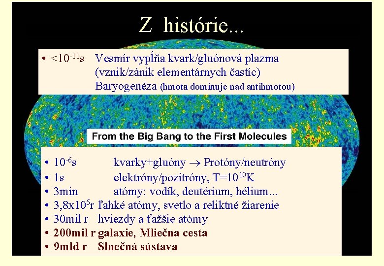 Z histórie. . . • <10 -11 s Vesmír vypĺňa kvark/gluónová plazma (vznik/zánik elementárnych