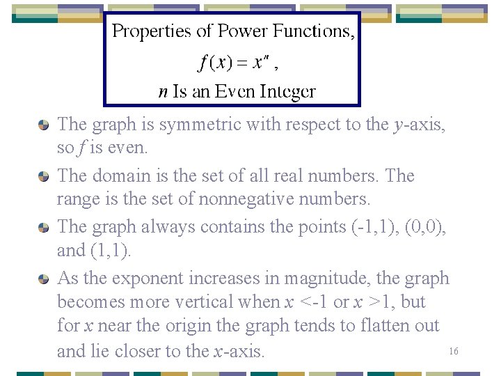 The graph is symmetric with respect to the y-axis, so f is even. The