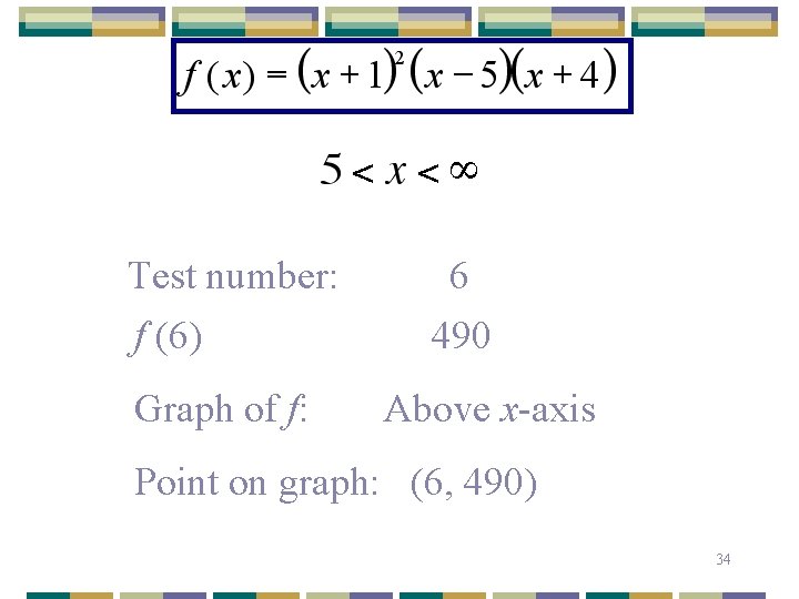 Test number: f (6) Graph of f: 6 490 Above x-axis Point on graph: