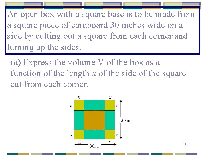 An open box with a square base is to be made from a square