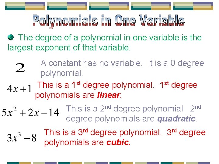 The degree of a polynomial in one variable is the largest exponent of that