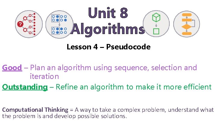 Unit 8 Algorithms Lesson 4 – Pseudocode Good – Plan an algorithm using sequence,