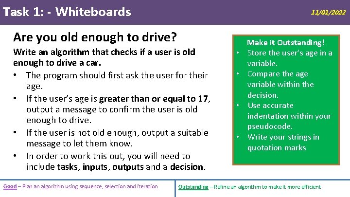 Task 1: - Whiteboards 11/01/2022 Are you old enough to drive? Write an algorithm