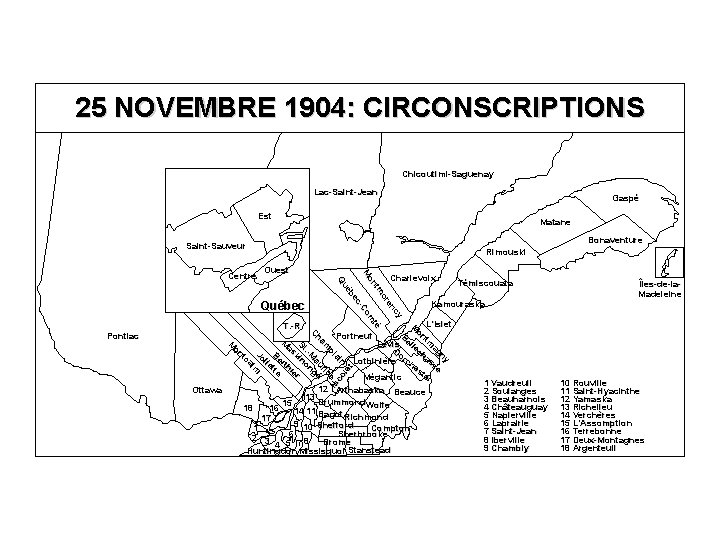 25 NOVEMBRE 1904: CIRCONSCRIPTIONS Chicoutimi-Saguenay Lac-Saint-Jean Gaspé Est Matane Bonaventure Saint-Sauveur Ouest Charlevoix Québec