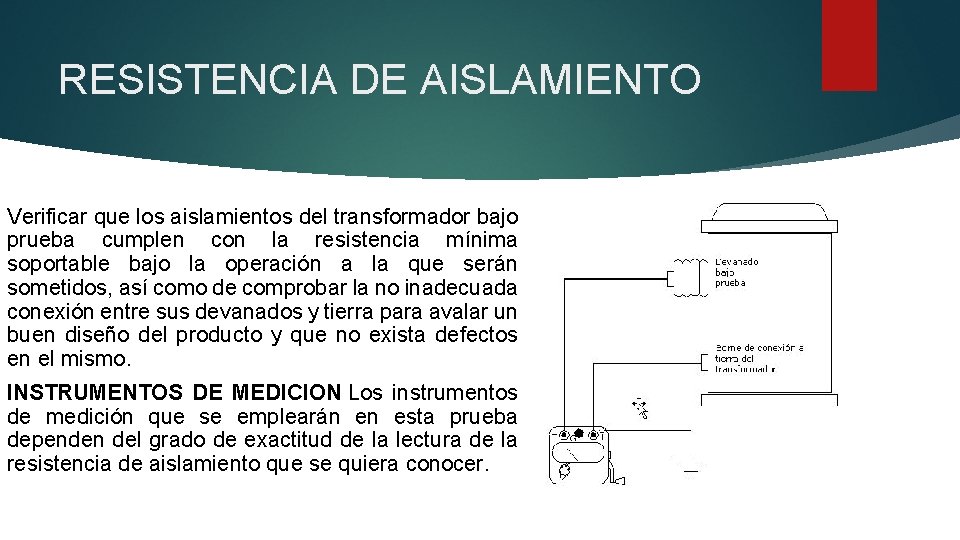 RESISTENCIA DE AISLAMIENTO Verificar que los aislamientos del transformador bajo prueba cumplen con la