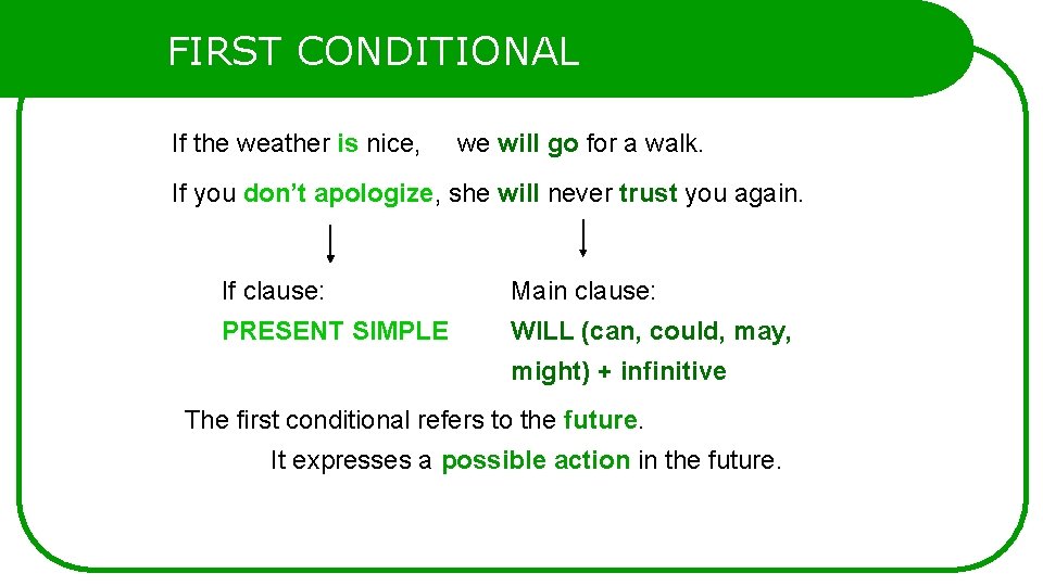 FIRST CONDITIONAL If the weather is nice, we will go for a walk. If