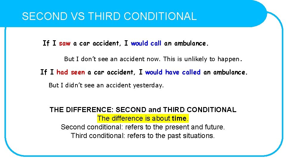 SECOND VS THIRD CONDITIONAL If I saw a car accident, I would call an