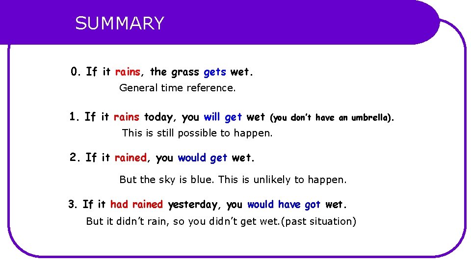 SUMMARY 0. If it rains, the grass gets wet. General time reference. 1. If