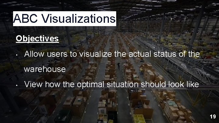 ABC Visualizations Objectives • Allow users to visualize the actual status of the warehouse