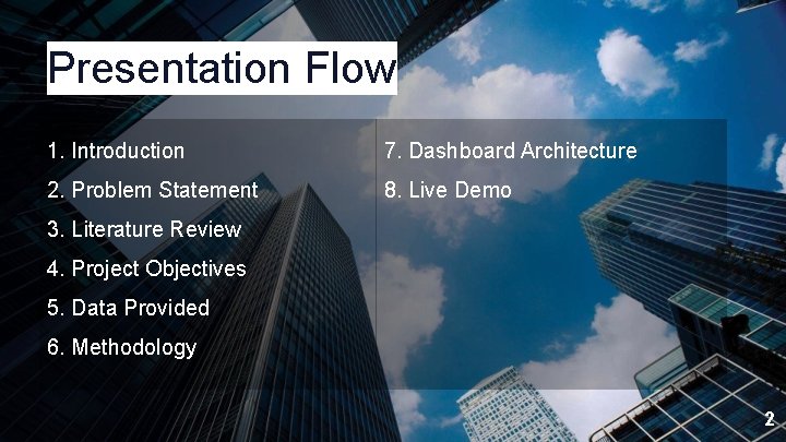 Presentation Flow 1. Introduction 7. Dashboard Architecture 2. Problem Statement 8. Live Demo 3.