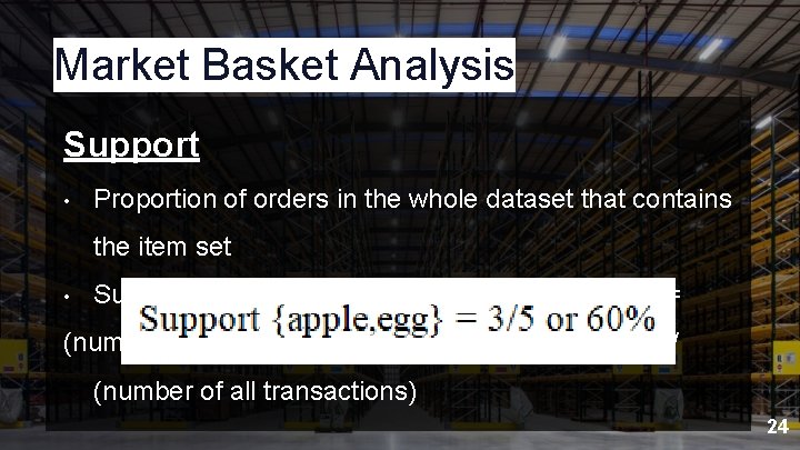 Market Basket Analysis Support • Proportion of orders in the whole dataset that contains